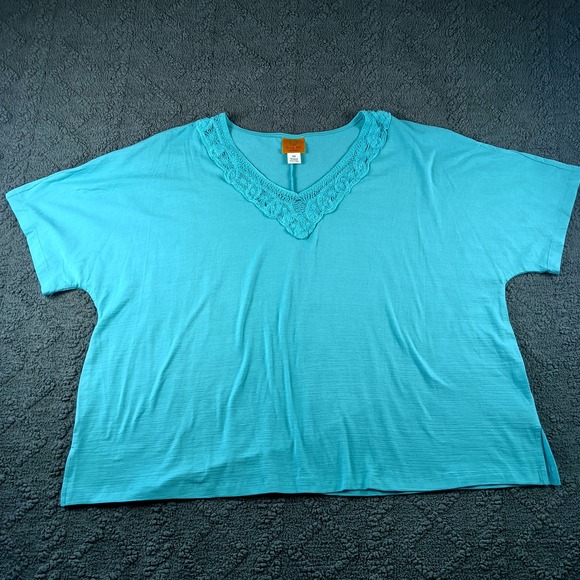 Ruby Rd. Tops - Ruby Rd Woman Size 2X Turquoise Blue Crochet V-Neck Slub Knit Top
